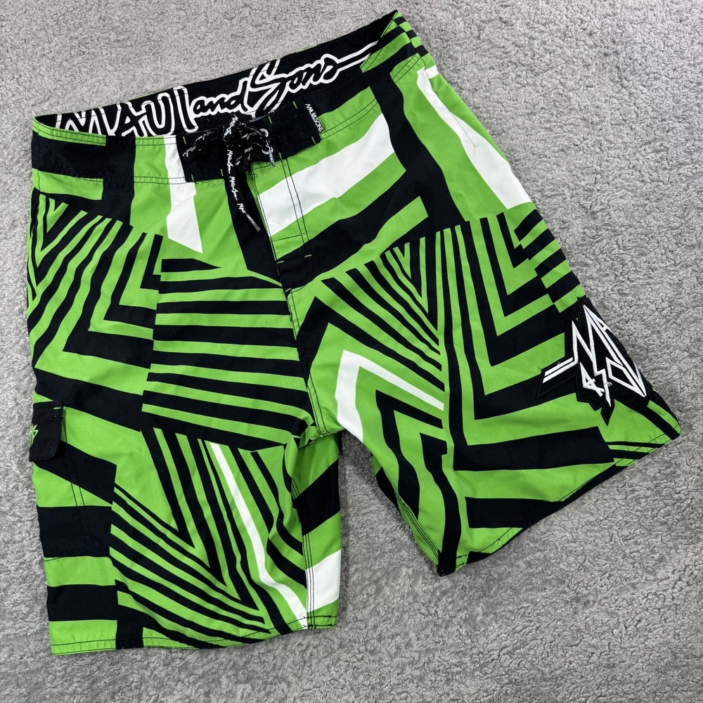 Maui and Sons Mens Size 36 Green Black Geometric Dazzle Board Shorts Swim Trunks